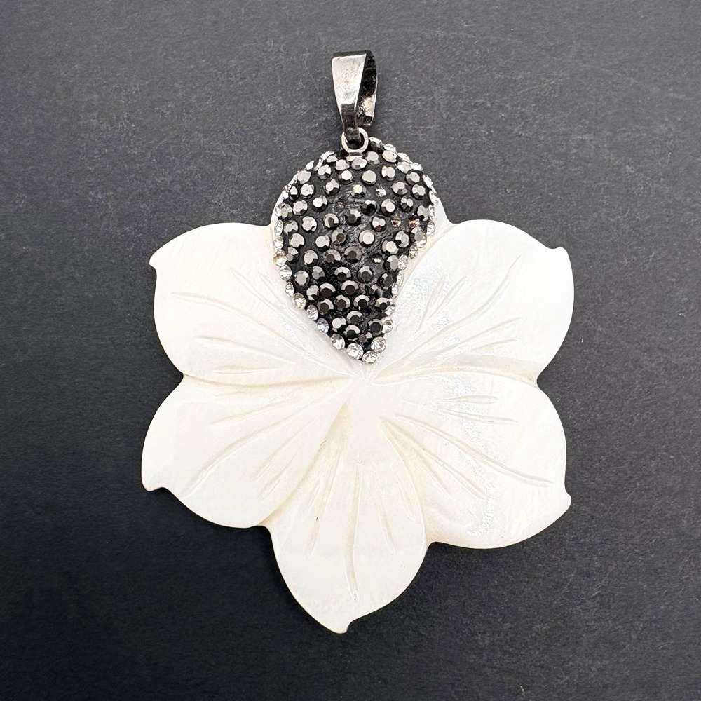 Vintage Mother of Pearl MOP Flower Pendant w/ Black & Silver Crystal Rhinestones
